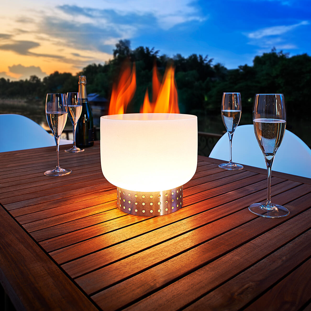 QFlame Tischfeuerschalen-Set 20cm mit Edelstahlsockel und Ethanolbrenner